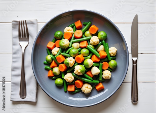 Delicious Mixed Vegetables Healthy Steamed Carrot Green Bean Cauliflower and Brussels Sprout Medley