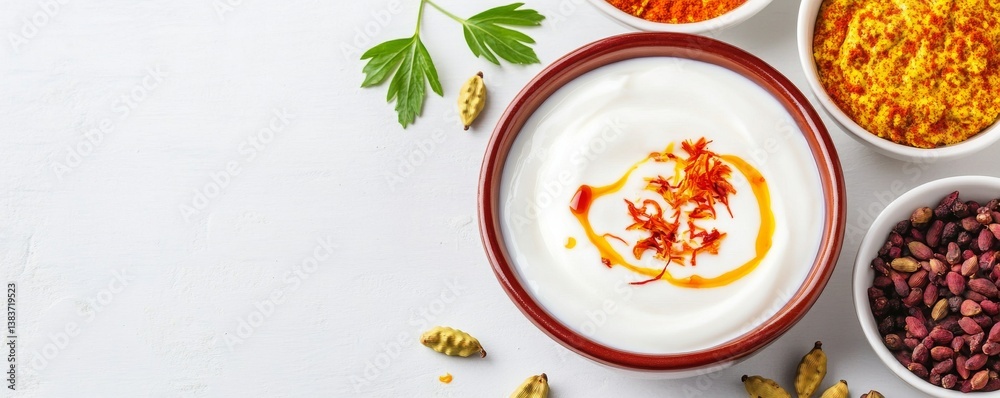 A yogurt dip with saffron and cardamom, warm and exotic, luxurious and smooth, isolated on white background A yogurt dip with saffron and cardamom, warm and exotic, luxurious and smooth, isolated on white background