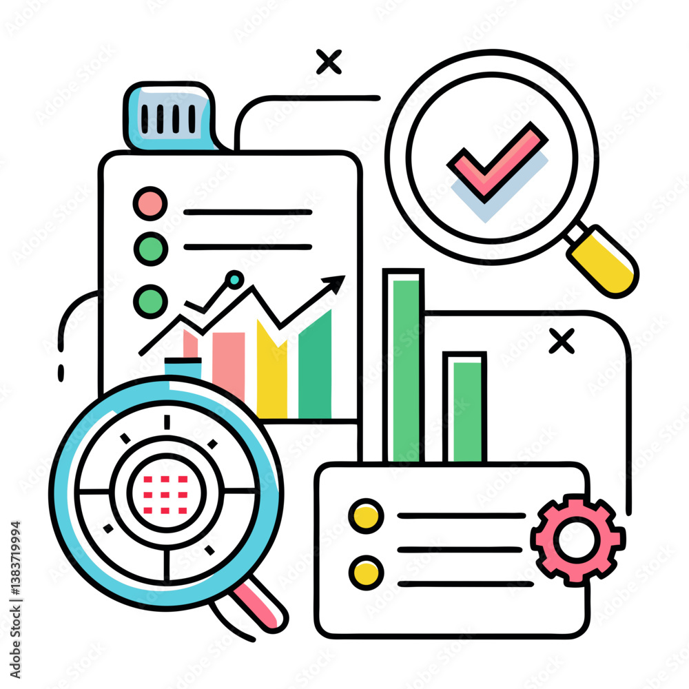 Data Analysis and Report Icon with Charts, Graphs, and Audit Tools Data Analysis and Report Icon with Charts, Graphs, and Audit Tools