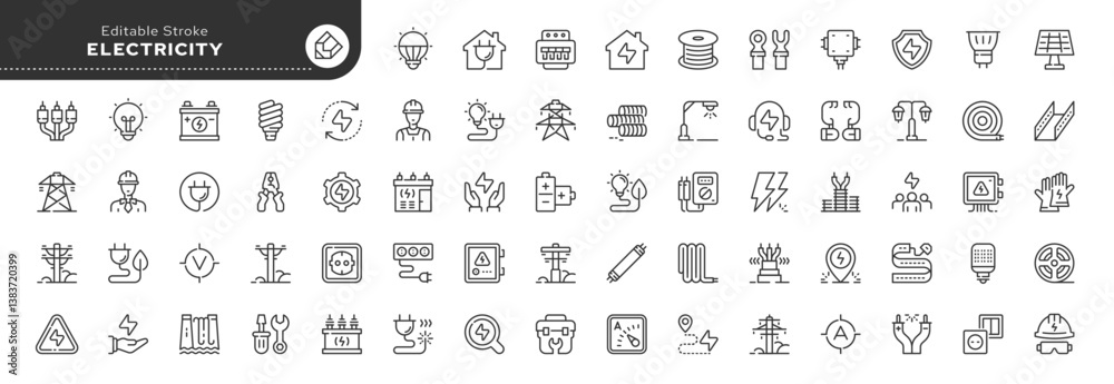 Electricity line icon set. Electric power line, light bulb, cable, wire, voltage and electrical equipment. Outline vector icon in linear style. Series of pictograms.
