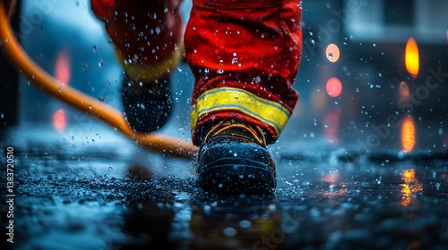 Firefighter Coiling a Fire Hose During a Rainy Emergency Response