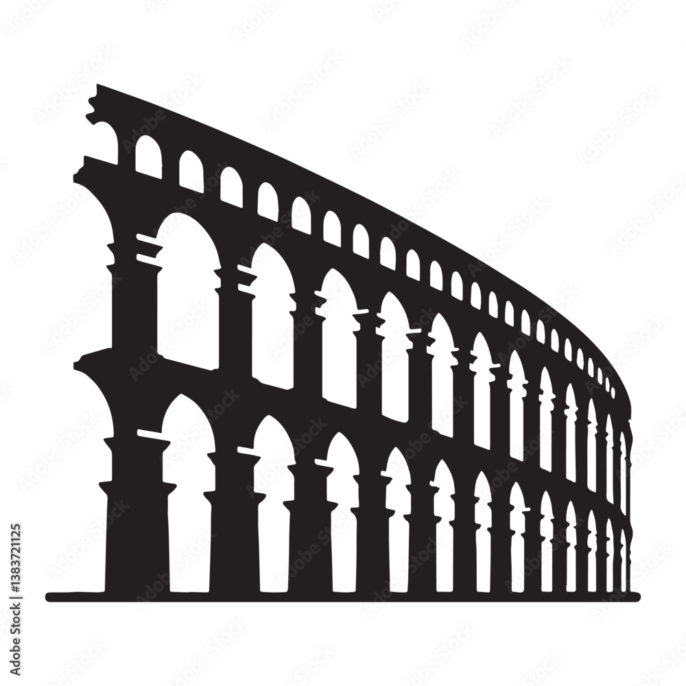 Naklejka premium Classic Roman Aqueduct silhouette, showcasing ancient Roman ingenuity in water transport – Roman Aqueduct illustration – Roman Aqueduct vector – Ancient technology silhouette