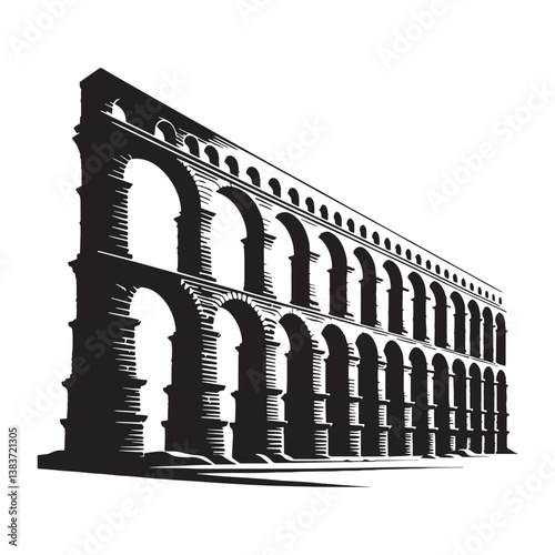 Majestic Roman Aqueduct silhouette, reflecting the grandeur of Roman architecture – Roman Aqueduct illustration – Roman Aqueduct vector – Classical monument silhouette

