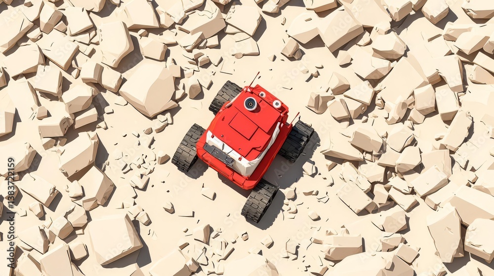 Obraz premium A red toy car on a rocky surface, showcasing adventure and exploration in a playful, imaginative environment.