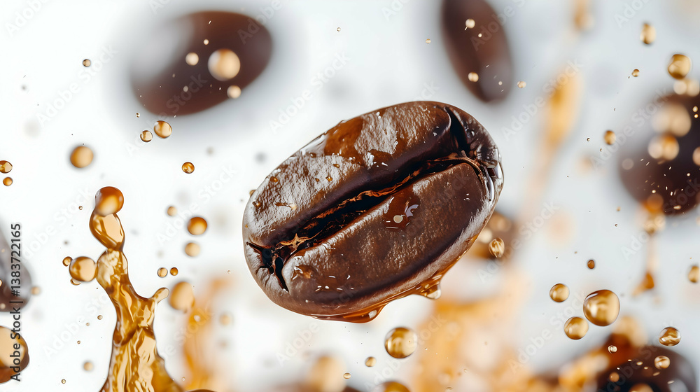 Flying Coffee Bean with Splash of Coffee Droplets on White Background