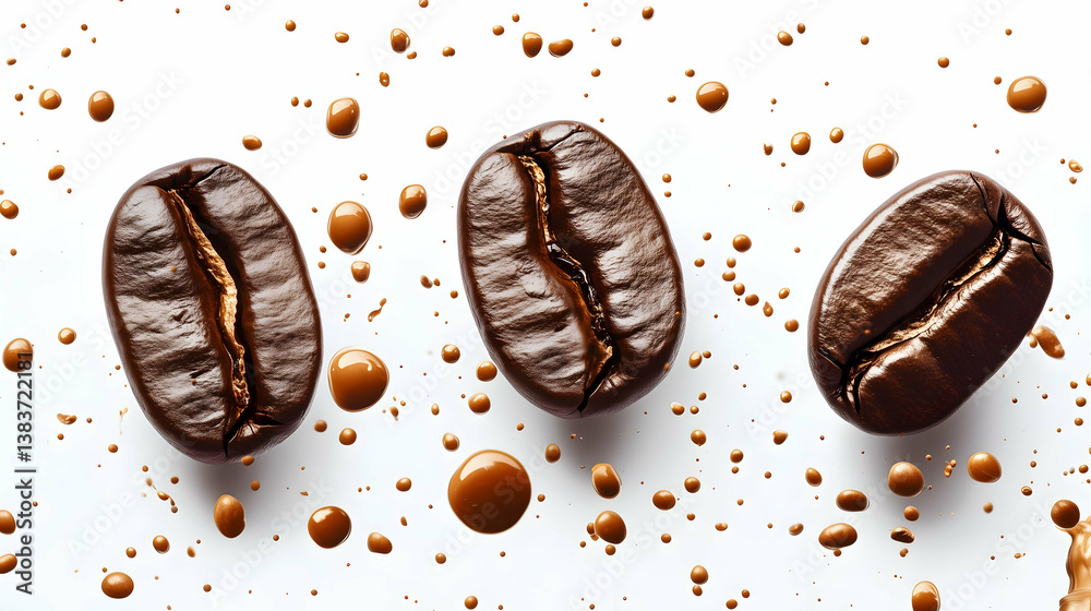 Coffee Beans with Espresso Splash on White Background