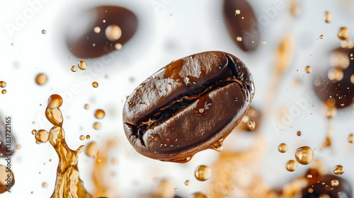 Obraz na płótnie Flying Coffee Bean with Splash of Coffee Droplets on White Background w salonie