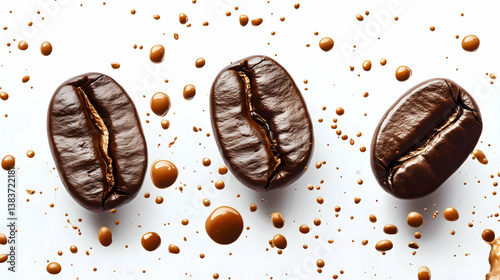 Obraz na płótnie Coffee Beans with Espresso Splash on White Background w salonie