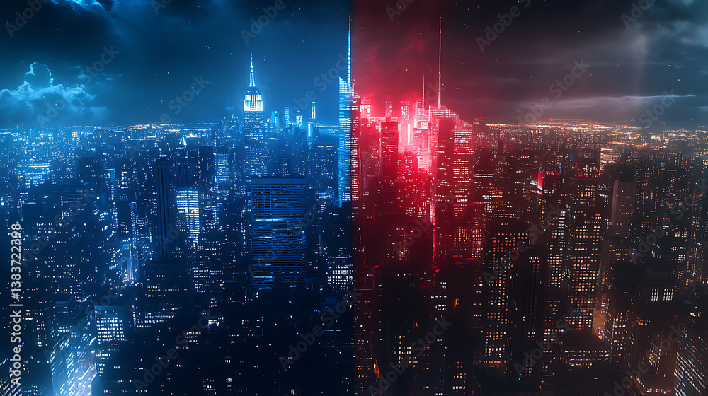Fototapeta premium The nighttime modern city is divided into two parts by blue and red light, 3d rendering
