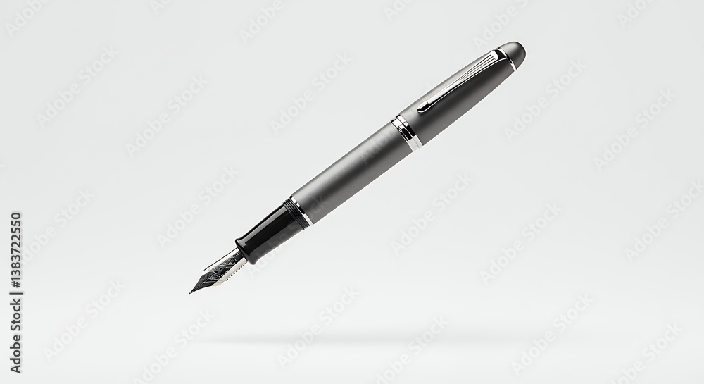 Elevated elegance: a matte grey fountain pen with silver accents on a clean backdrop Elevated elegance: a matte grey fountain pen with silver accents on a clean backdrop