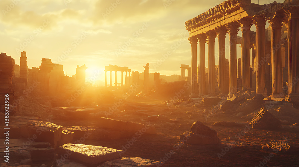 Naklejka premium The sun illuminates the remains of the structure of the city after the destruction, 3d rendering