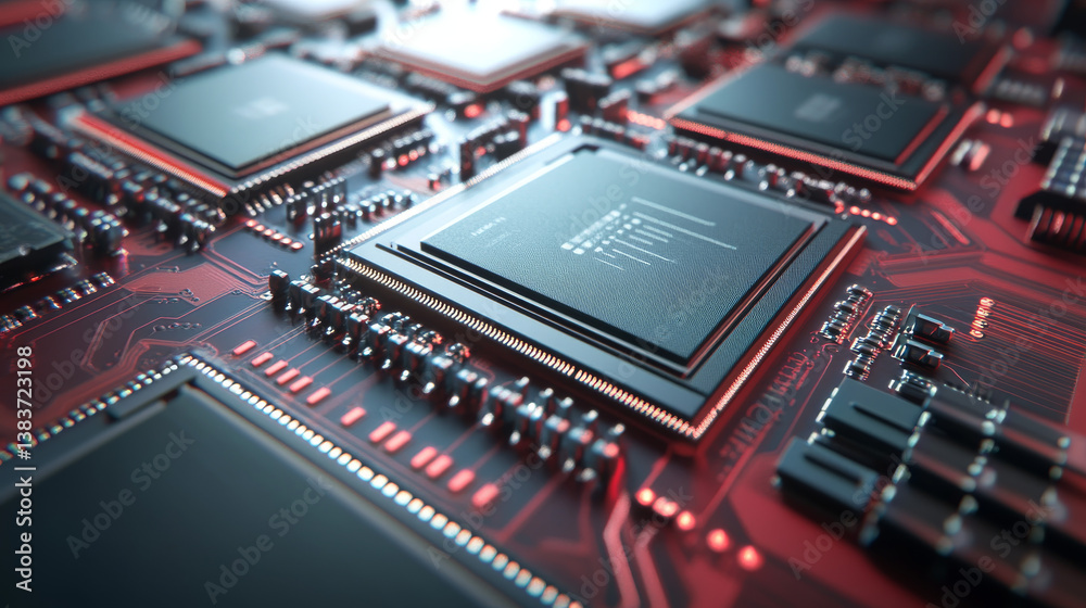 Fototapeta premium Close-up of computer microchips on a circuit board, showcasing intricate microchip design and technology. Microchips and circuit board in focus. Technology and futuristic.