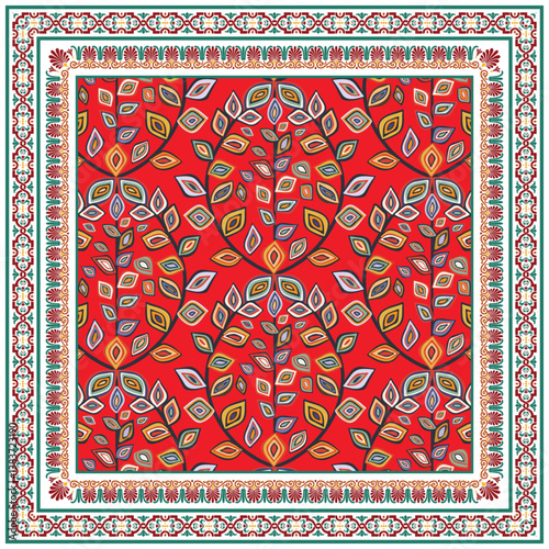 Decorative  square print scarf pattern with leaf motifs in red, green, and yellow, framed by an intricate border