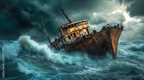 Obraz na płótnie The wreck floats amidst the storm in the sea, 3d illustration w salonie