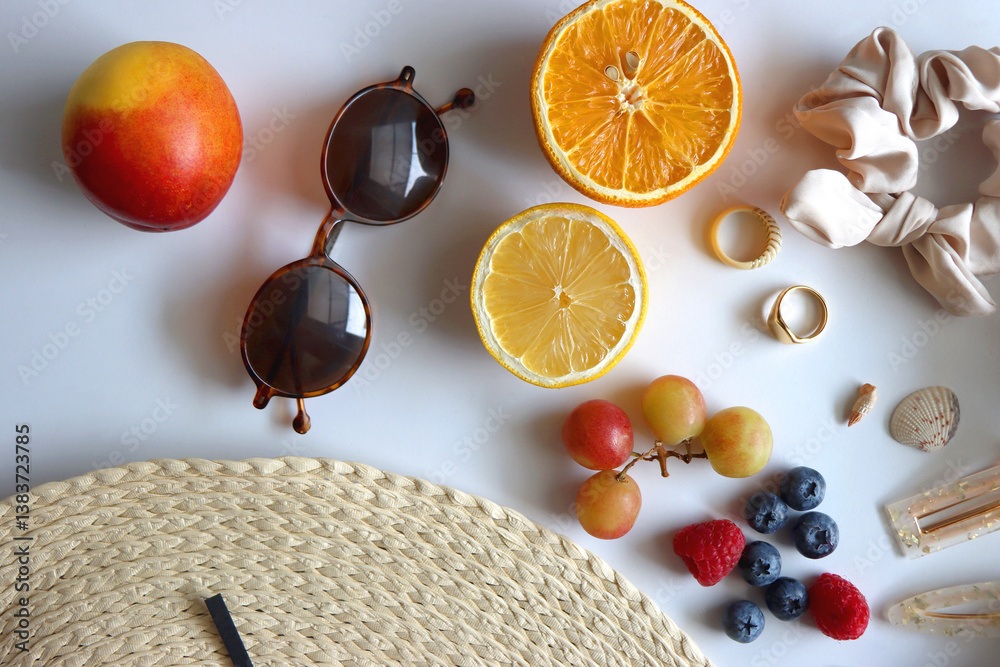 Straw hat, sunglasses, seasonal fruit, seashells and colorful accessories on white backgrounds. Cute summer essentials. Flat lay.