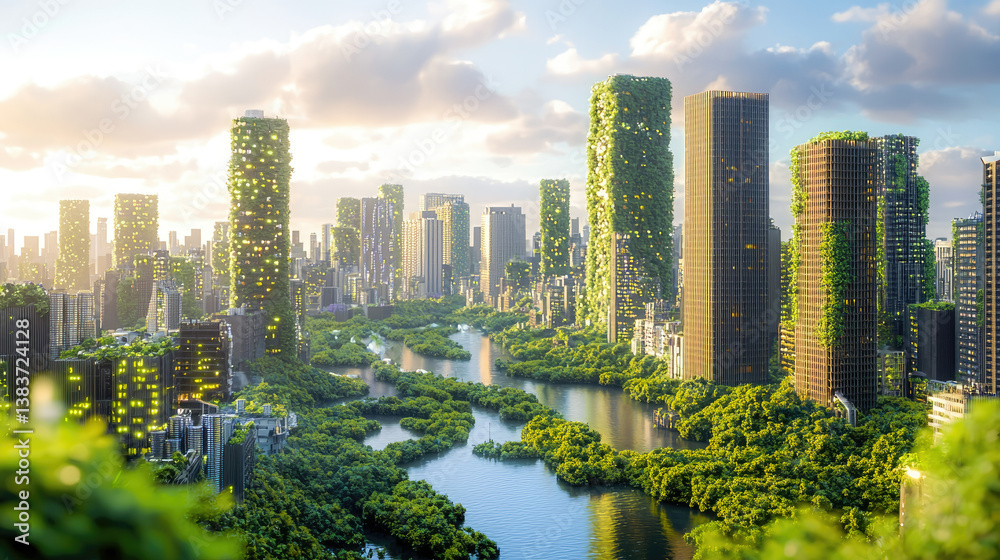 Naklejka premium Futuristic cityscape with green buildings and river eco friendly future