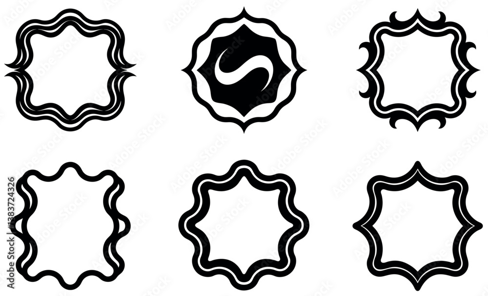 This image features a collection of six decorative frames, varying in shape (square and circular), all with intricate, wavy, and ornate lines. This image features a collection of six decorative frames, varying in shape (square and circular), all with intricate, wavy, and ornate lines.