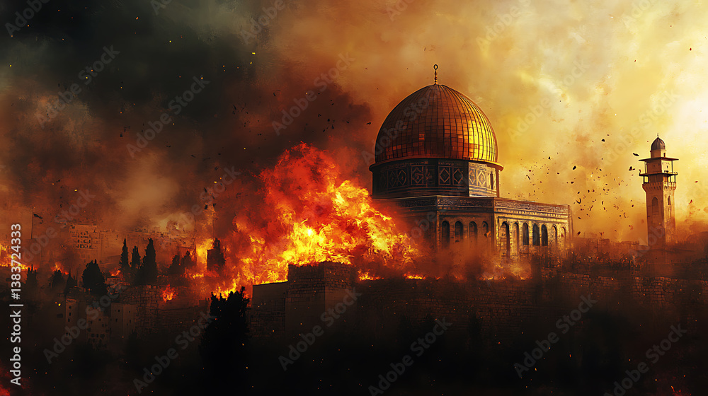 Naklejka premium Tisha bâ€™av, the destruction of the temple of jerusalem engulfed in flames, digital painting