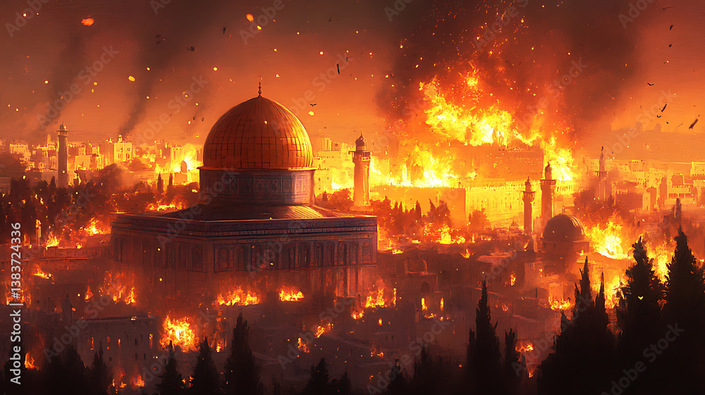 Naklejka premium Tisha b’av, the destruction of the temple of jerusalem engulfed in flames, digital painting