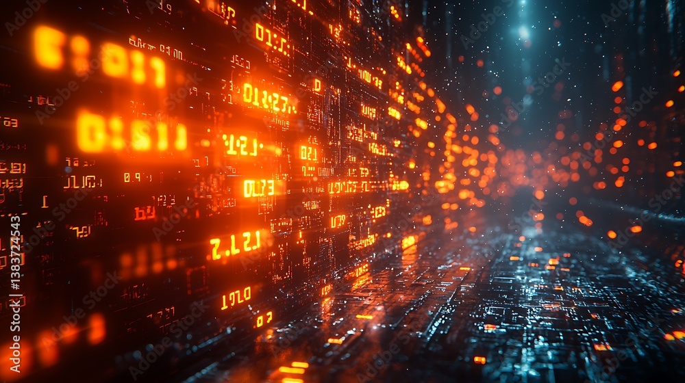 Obraz premium A digital blockchain transaction tunnel, glowing numbers and encrypted blocks floating in a sci-fi cyberspace environment, ultra-detailed 8K clarity, motion blur effect