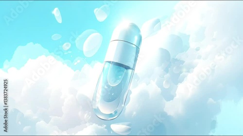 A sleek, white spray bottle is suspended amidst fluffy, cloud-like formations against a soft blue background. The scene has a crisp, ethereal quality with droplets of liquid visible around the bottle