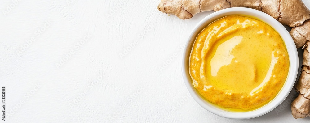 A turmeric and ginger yogurt dip, golden and healthy, cozy warm tones, isolated on white background A turmeric and ginger yogurt dip, golden and healthy, cozy warm tones, isolated on white background