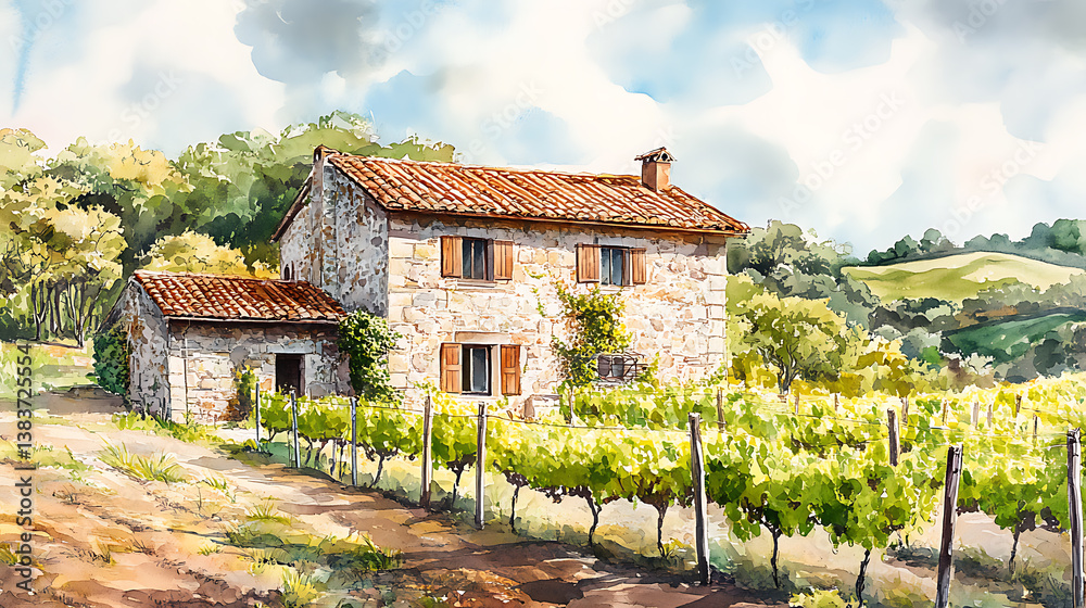 Traditional stone house with stunning vineyard, watercolour or aquarelle painting illustration Traditional stone house with stunning vineyard, watercolour or aquarelle painting illustration