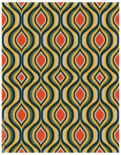 Abstract retro wave pattern with red, yellow, green, and gray colors, it could be used as a wallpaper, fabric design, pillow cover, curtains and bag

