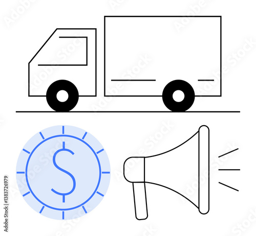 Delivery truck, circular dollar coin, and megaphone visually represent transportation, finance, and advertising. Ideal for logistics, e-commerce, fintech, ads business growth strategy