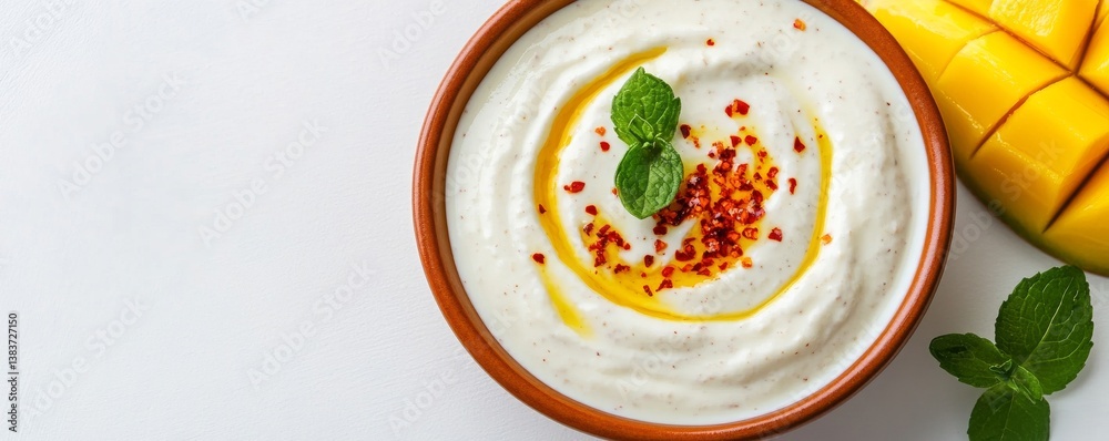 A mango yogurt dip with chili flakes, tropical twist, visually striking, isolated on white background A mango yogurt dip with chili flakes, tropical twist, visually striking, isolated on white background