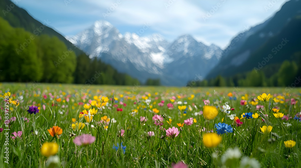 Obraz premium Colorful Meadow With Mountains In Alpine Landscape