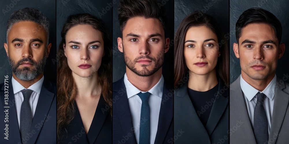 Diverse group of professionals in formal attire, showcasing confidence and unity in a sleek, moody setting.