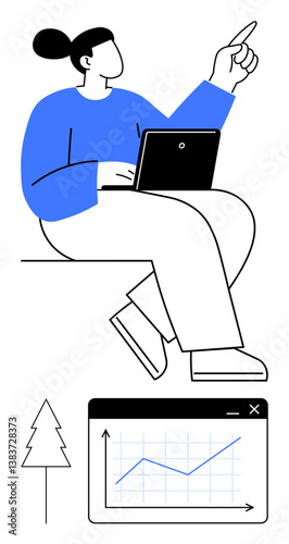 Person sitting with a laptop and gesturing, tree silhouette and expanding graph on screen. Ideal for business growth, analytics, nature, teamwork, eco-focus, planning, progress in flat simple