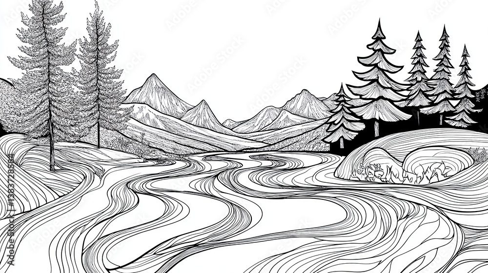 Fototapeta premium Black and White Coloring Book Page Featuring Serene Landscape with Mountains and Winding River
