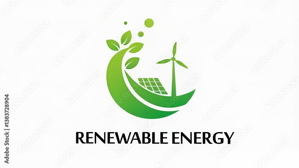 Dynamic animated logo featuring Renewable energy with solar panel and wind turbine symbolizing sustainable, clean, and renewable energy solutions.