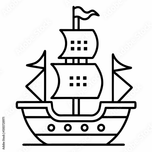Pirate Ship Outline Vector – Line Art Drawing for Coloring Book Page on White Background

