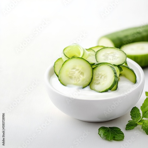 A yogurt dip with cucumber ribbons, crisp and refreshing, soft lighting, isolated on white background