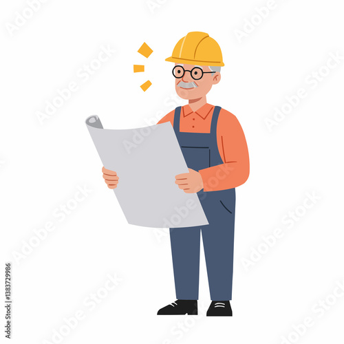 Elderly engineer reviewing construction plans with a joyful expression  