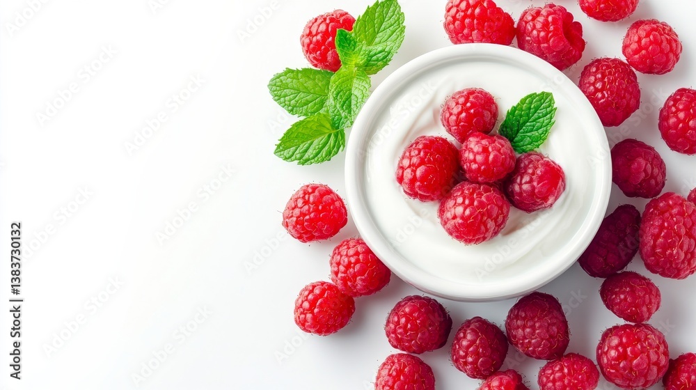 A yogurt dip with fresh raspberries and mint, vibrant and refreshing, isolated on white background A yogurt dip with fresh raspberries and mint, vibrant and refreshing, isolated on white background