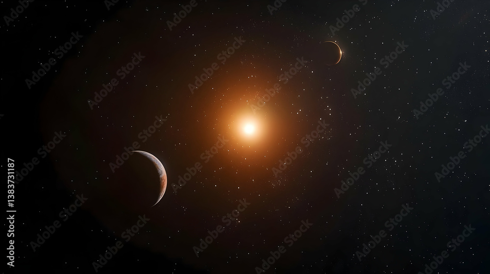 Fototapeta premium Starry Night Space With Bright Orange Light