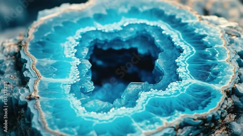 Stunning blue agate geode, showcasing intricate patterns and vibrant colors. The crystal formations create a mesmerizing depth and texture. Mineral macro background.