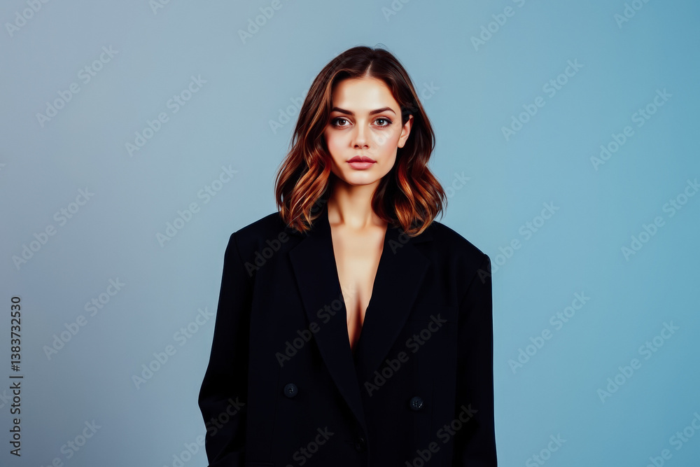 Stylish Woman in Black Blazer on Blue Background Stylish Woman in Black Blazer on Blue Background