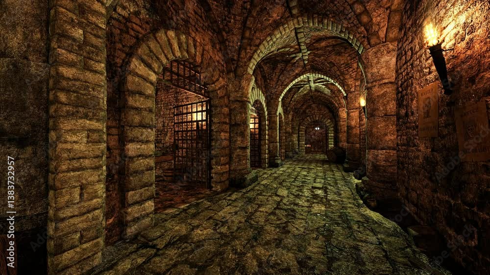 Stone walled corridor in an old medieval dungeon with fire torches on the walls. 3D animation.