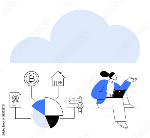 Large cloud above a seated character with laptop, analyzing pie chart, cryptocurrency, real estate, and financial documents. Ideal for technology, data analysis, finance, investment cloud storage