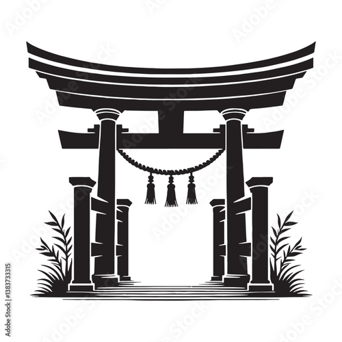 Rustic Shinto Shrine silhouette, evoking traditional Japanese spirituality and architecture – Shinto shrine illustration – Shinto shrine vector – Rustic shrine silhouette

