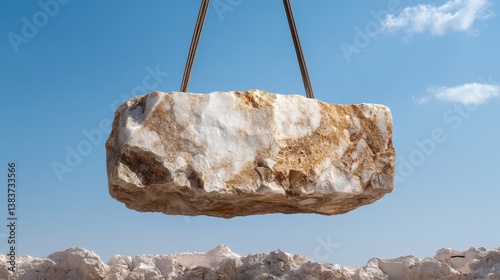 An impressive large rock hovers by ropes against a bright sky, creating an eye-catching and thought-provoking exhibition of nature's beauty juxtaposed with human creativity and vision. photo