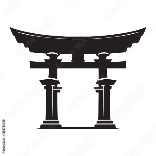 Traditional Shinto Shrine silhouette, featuring iconic torii gates and peaceful surroundings – Shinto shrine illustration – Shinto shrine vector – Japanese shrine silhouette

