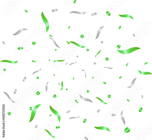 Greeting celebration vector illustration with fun explosion. banner background with green and silver winding ribbons confetti