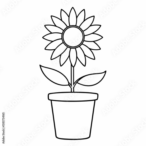 Pot Sunflower Flower Outline Vector – Line Art Drawing for Coloring Book Page on White Background