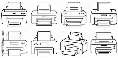 Printer Outline Vector – Line Art Drawing Set for Coloring Book Page on White Background